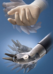 Hand of da Vinci robot (below), called EndoWrist, showing its greater dexterity compared with human hand.
